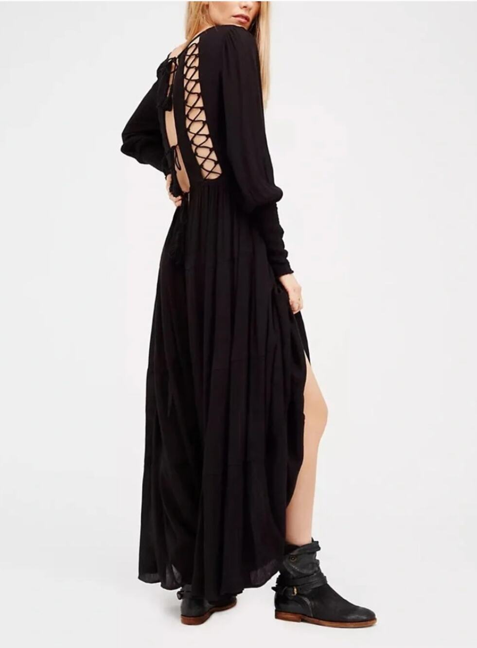 NWT Free People Endless Summer Wednesday Lace Up Back Maxi Dress Black Small